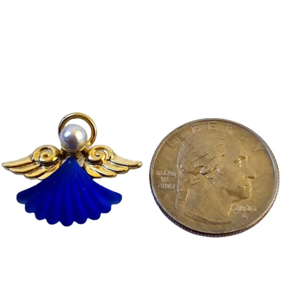 Angel Goldtone Lapel Tie Tack Pin Brooch Blue Glass Faux Pearl